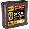 Core Tarps 100 ft L x 0.5 mm H x 50 ft W Heavy Duty 20 Mil Tarp, Brown/Black, Polyethylene CT-702-50X100